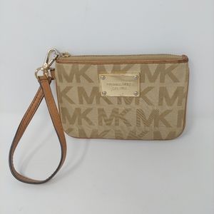 Michael Kors Tan Signature Jacquard Monogram Wristlet Jet Set Travel Wallet